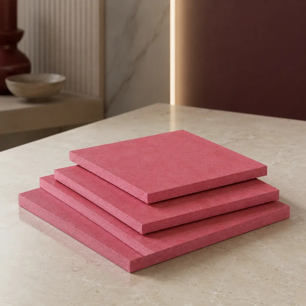 MRX board panels stacked on marble surface with pink-red matte finish and clean cut edges for interior and furniture use