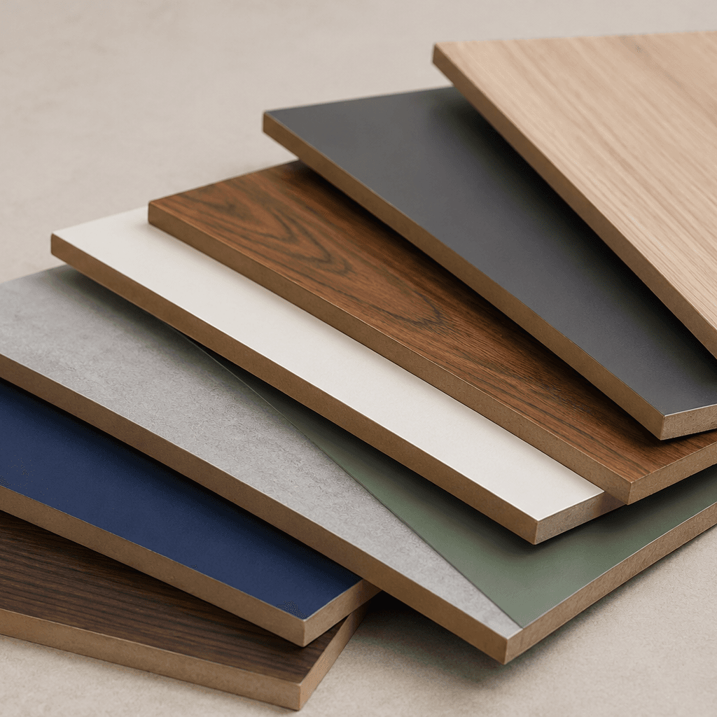 MDF lamination boards in woodgrain, matte grey, navy, white and green finishes stacked together for furniture and interior design use