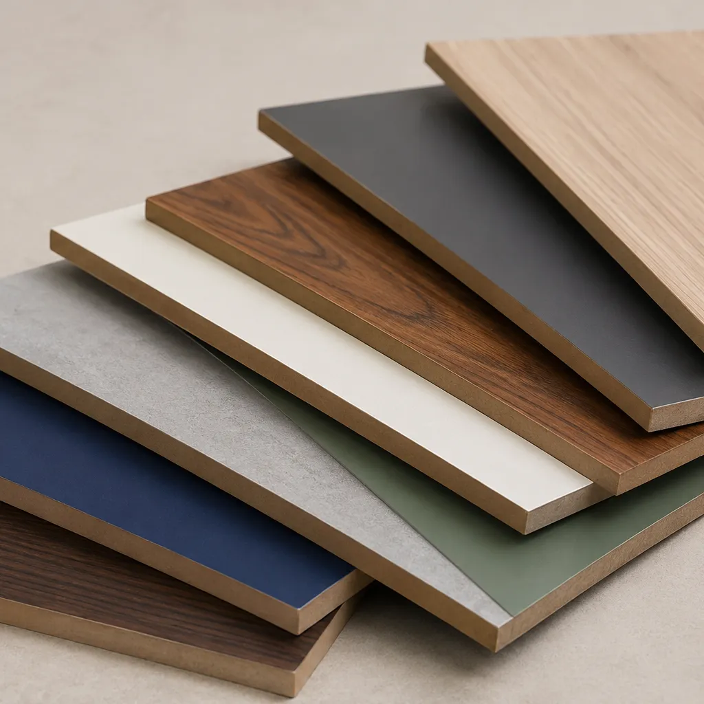 MDF lamination boards in woodgrain, matte grey, navy, white and green finishes stacked together for furniture and interior design use