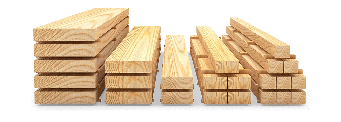 Stack of premium softwood lumber boards and timber planks in various sizes isolated on a transparent background.