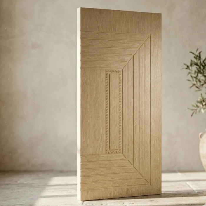 Wooden door skins displayed in a modern interior showroom setting