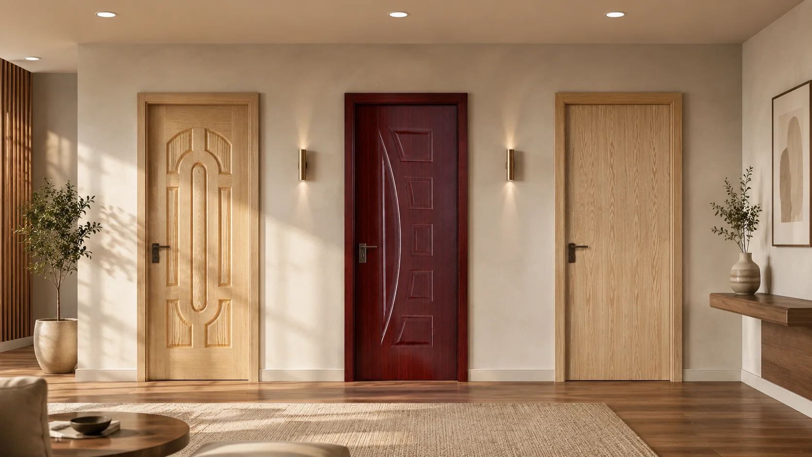 Prime moulded, melamine, and veneered door skins displayed in a modern interior