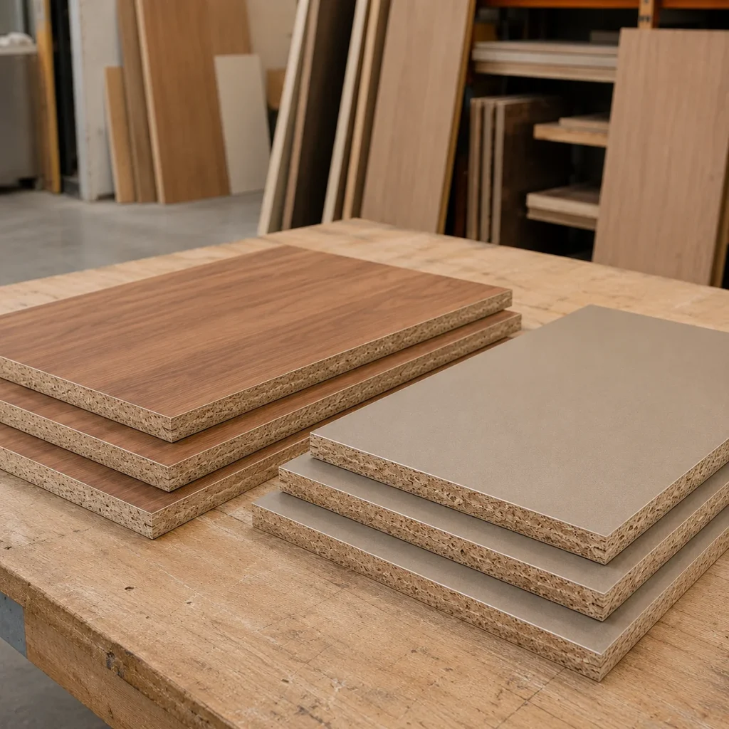 Laminated and veneered particle board sheets with visible chipboard core edges