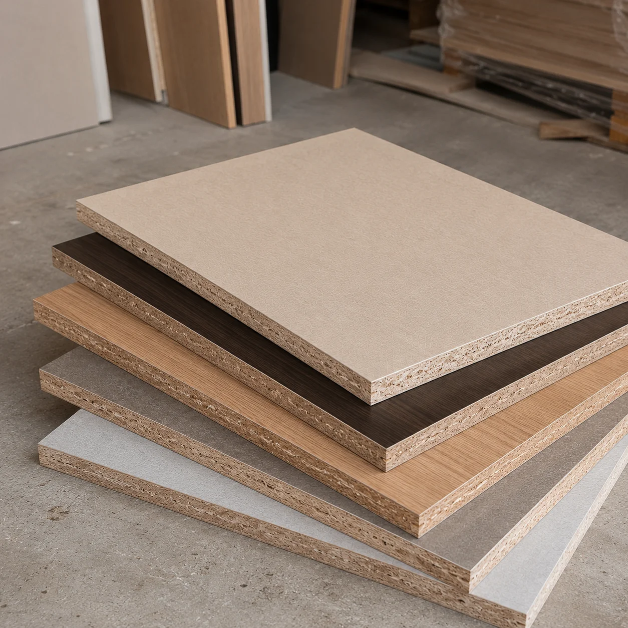 Laminated particle board sheets in multiple finishes with visible chipboard edges