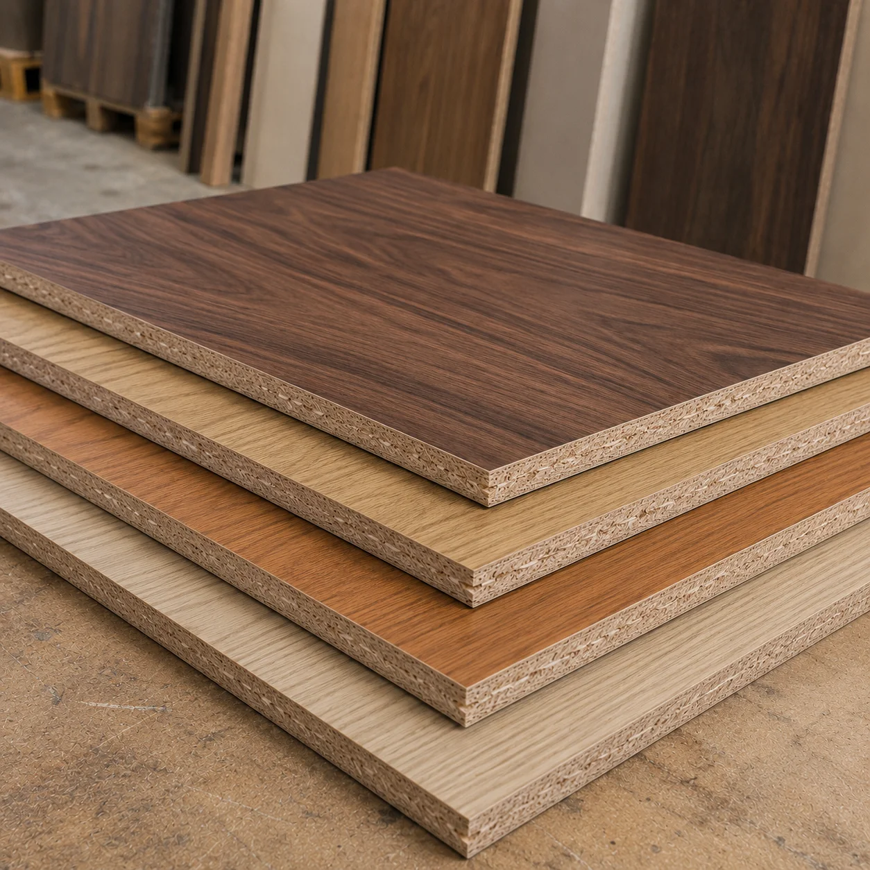 Veneered particle board sheets in different wood finishes with visible chipboard edges