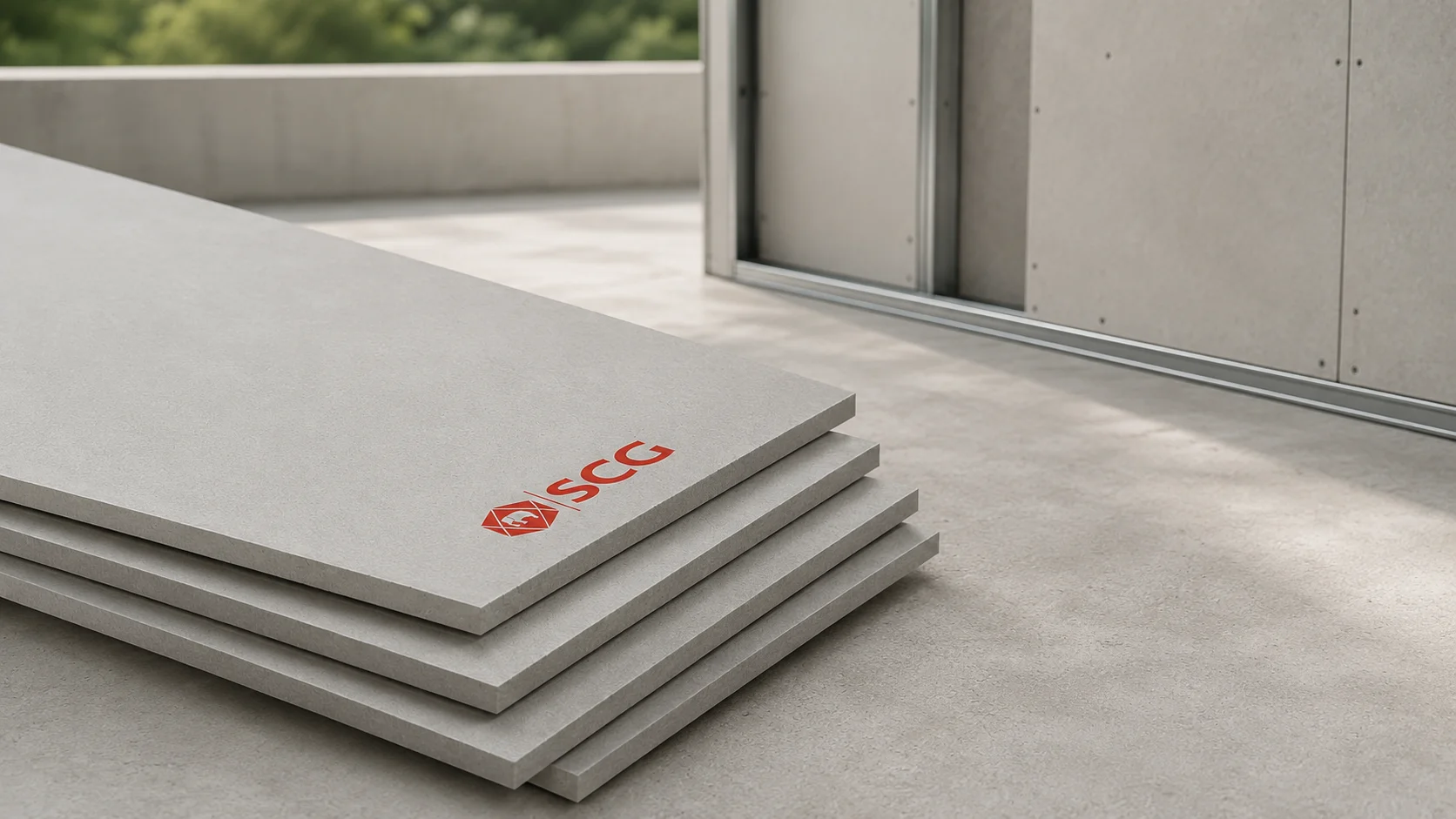 SCG cement boards stacked in a modern construction setting