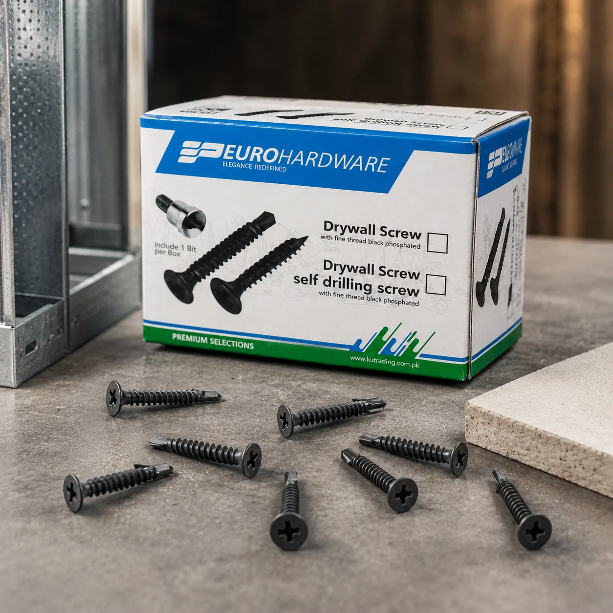 EUROHARDWARE self-drilling drywall screws with packaging and metal framing